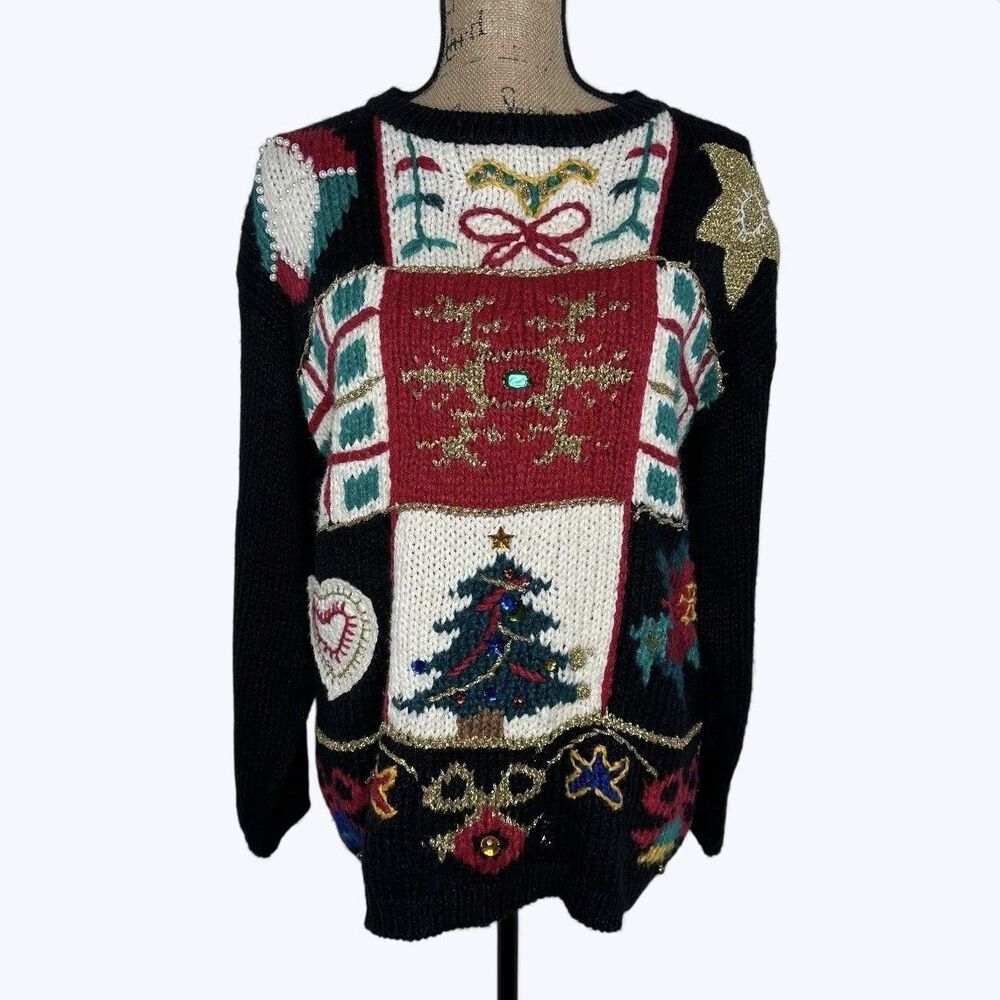 Vtg Cabin Creek Ugly Christmas Sweater Sz‎ M Rhinestones Metallic Holiday Party